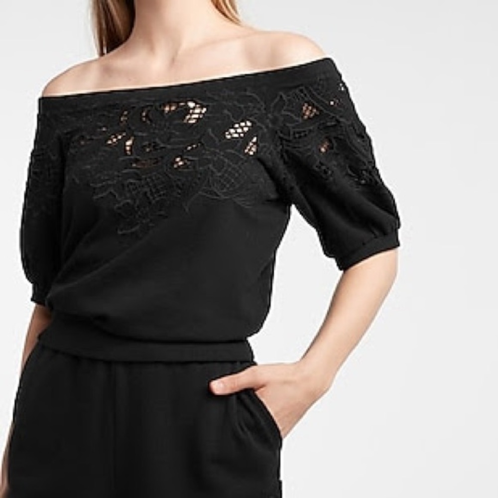 NWT Express Black Embroidered Lace Off the Shoulder Cropped Sweatshirt Sz Med.
